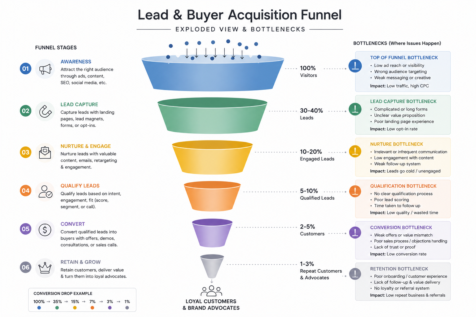 Lead and buyer acquisition funnel with common bottlenecks